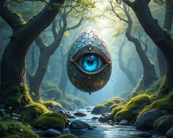 Ornate Egg in Mystical Forest with Ethereal Light