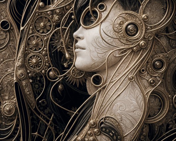 Intricate Female Profile with Floral and Metallic Patterns