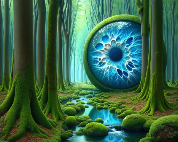 Surreal Eye Amidst Lush Forest and Tranquil Stream