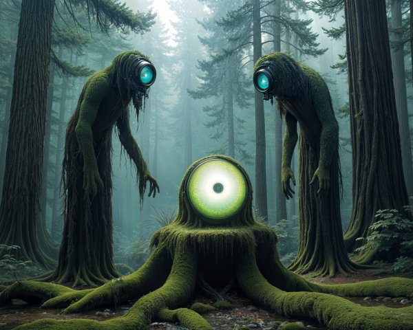 Moss-Covered Creatures in Mystical Forest Setting