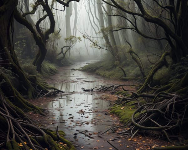 Serene Misty Forest with Twisted Trees and Stream