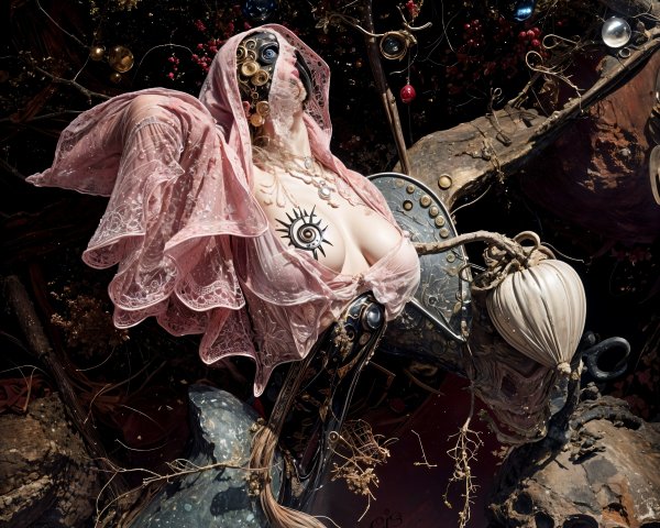 Surreal Composition with Intricate Figure and Nature Elements