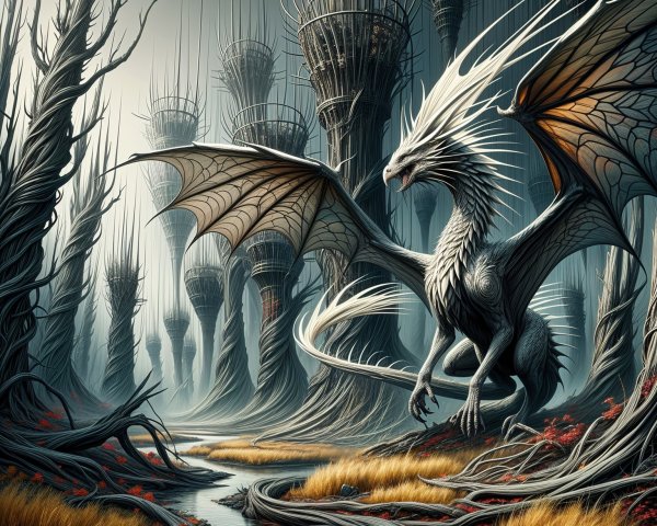 Majestic White Dragon in Haunting Landscape Scene
