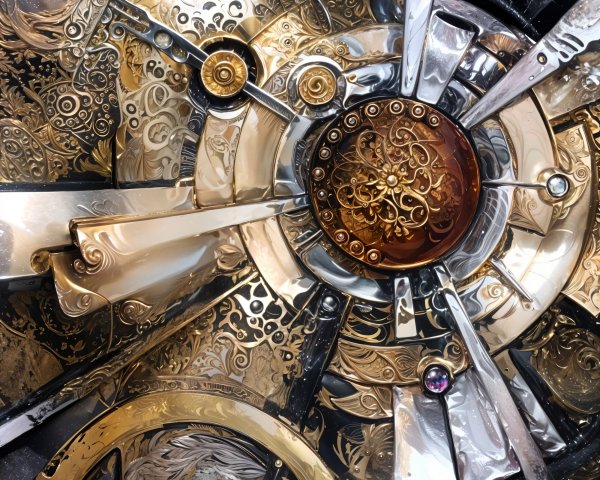 Intricate Metallic Design with Amber and Purple Gem