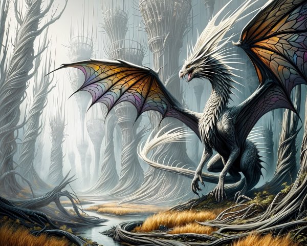 Majestic dragon with iridescent wings in mystical landscape