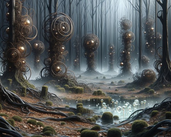Mystical Forest with Metallic Rings and Glowing Orbs