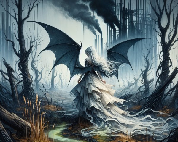 Pale Figure with Dark Wings in a Desolate Landscape