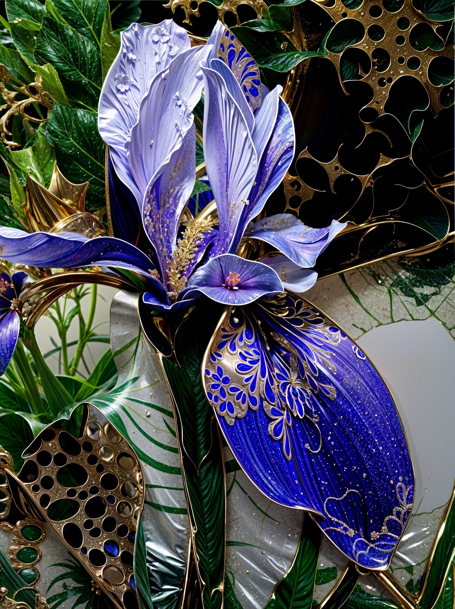 Intricately Designed Blue Flower with Gold Patterns