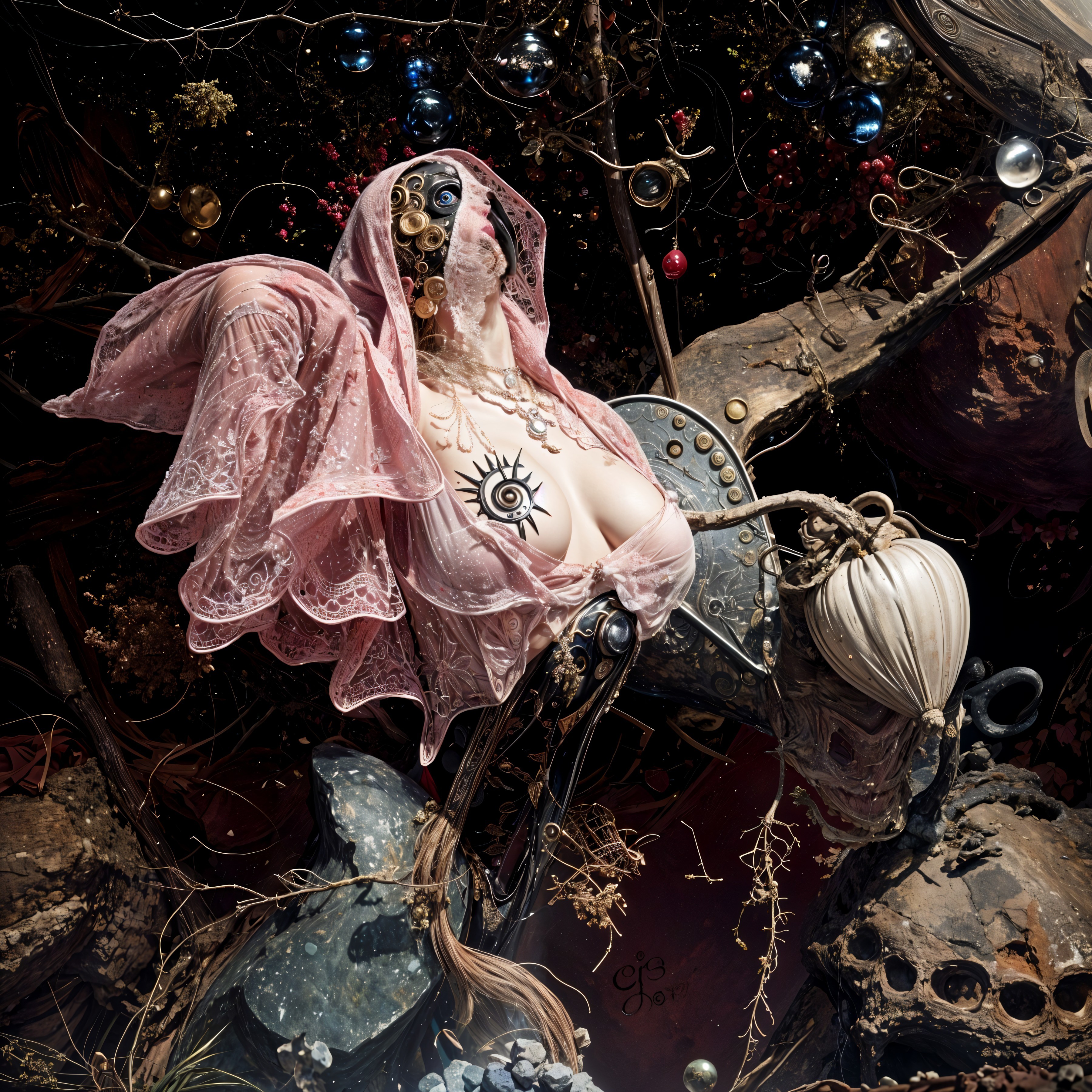 Surreal Composition with Intricate Figure and Nature Elements