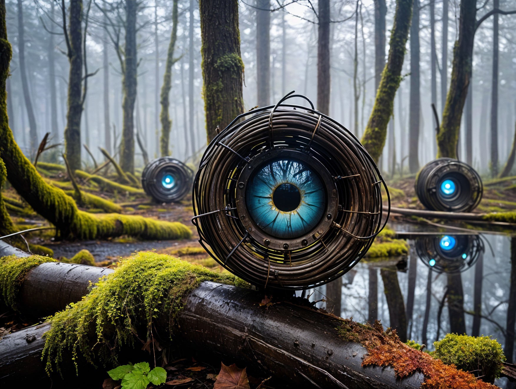Misty Forest with Mossy Trees and Mechanical Orbs