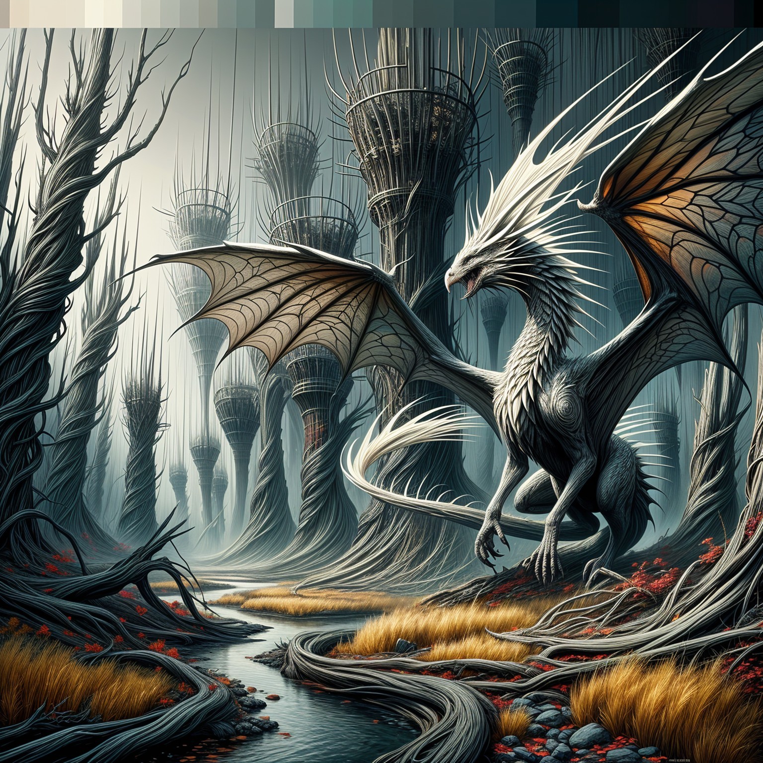 Majestic White Dragon in Haunting Landscape Scene