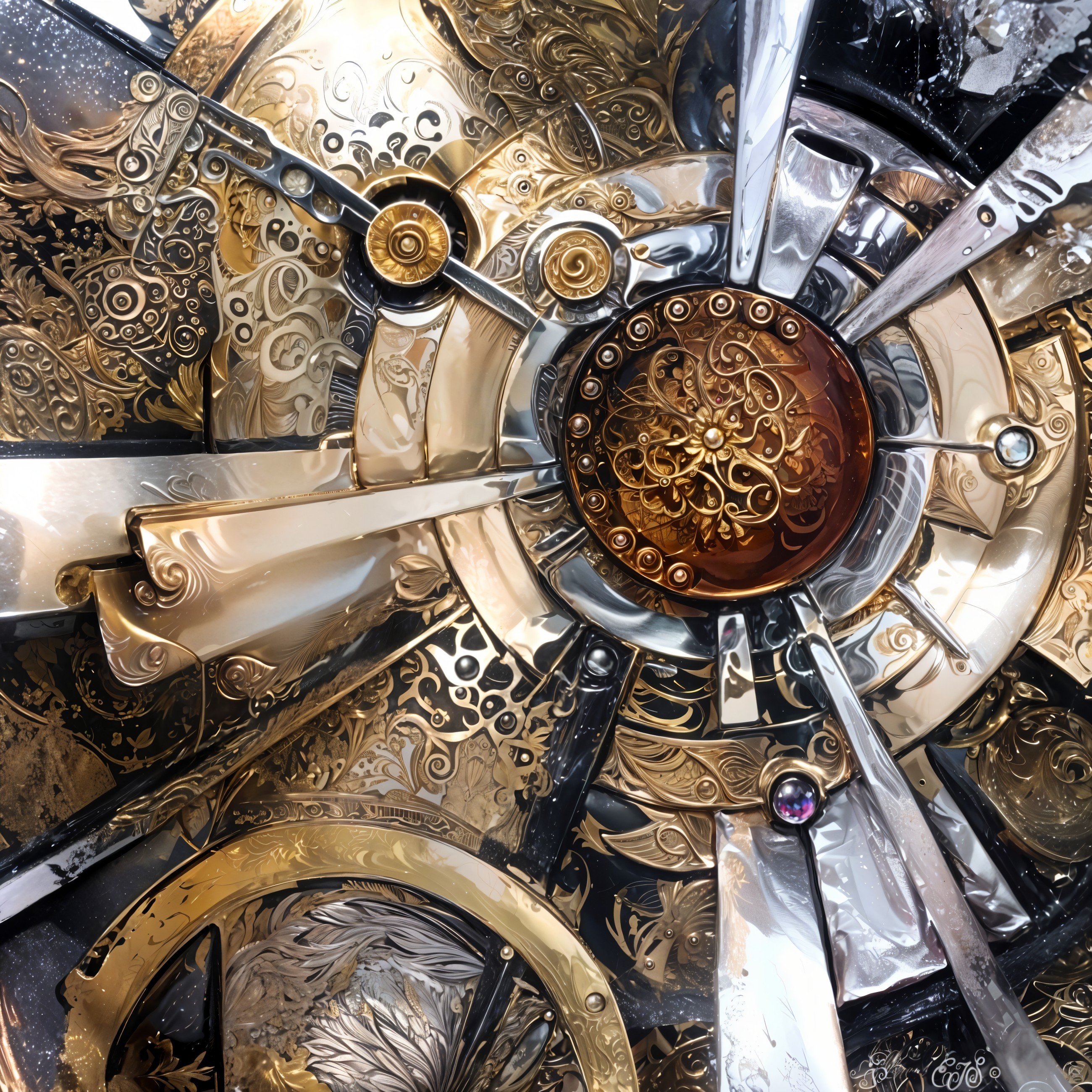 Intricate Metallic Design with Amber and Purple Gem