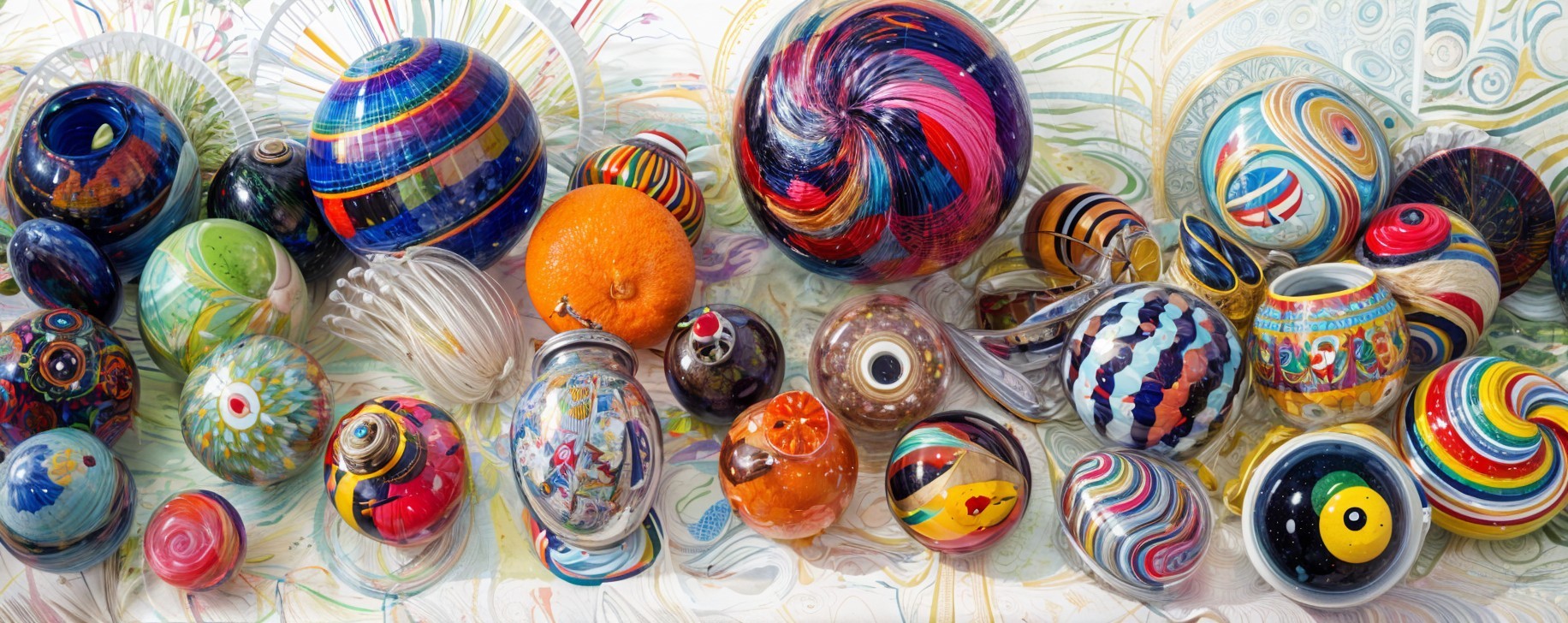Multicolored Glass Orbs with Intricate Patterns and Textures
