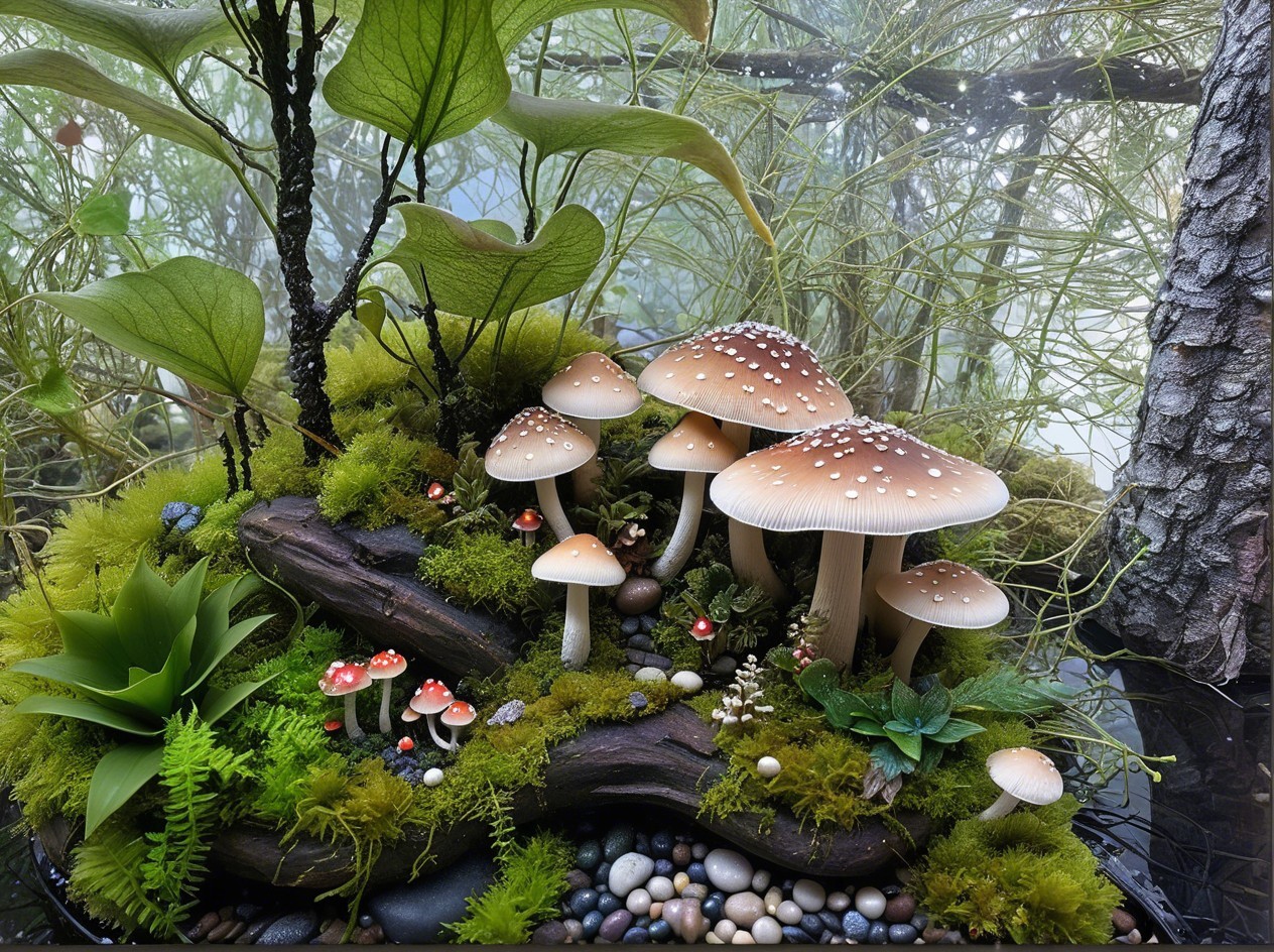 Miniature Forest Scene with Diverse Mushrooms and Moss