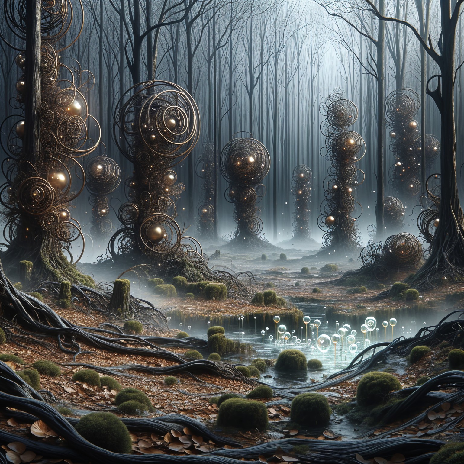 Mystical Forest with Metallic Rings and Glowing Orbs