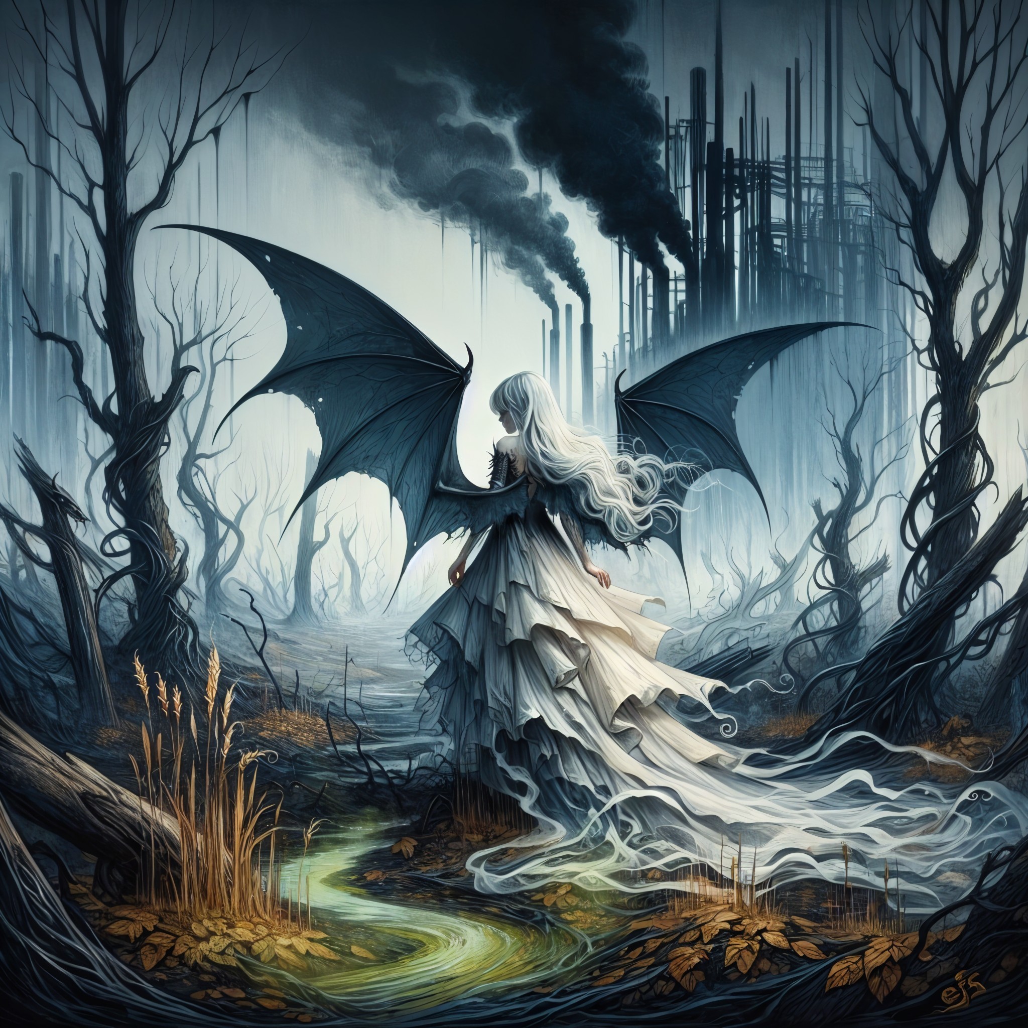 Pale Figure with Dark Wings in a Desolate Landscape