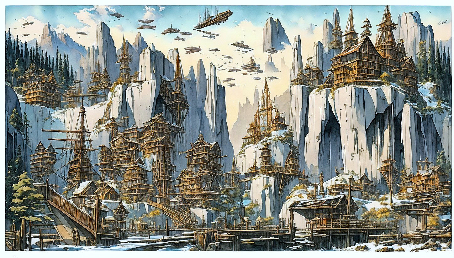 Fantasy landscape with cliffside structures, wintry forests, bridges, and airships