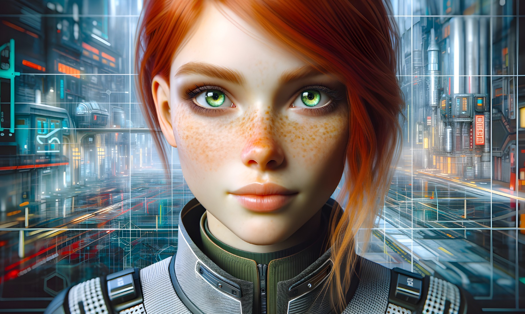 Young woman with red hair in futuristic city with neon lights