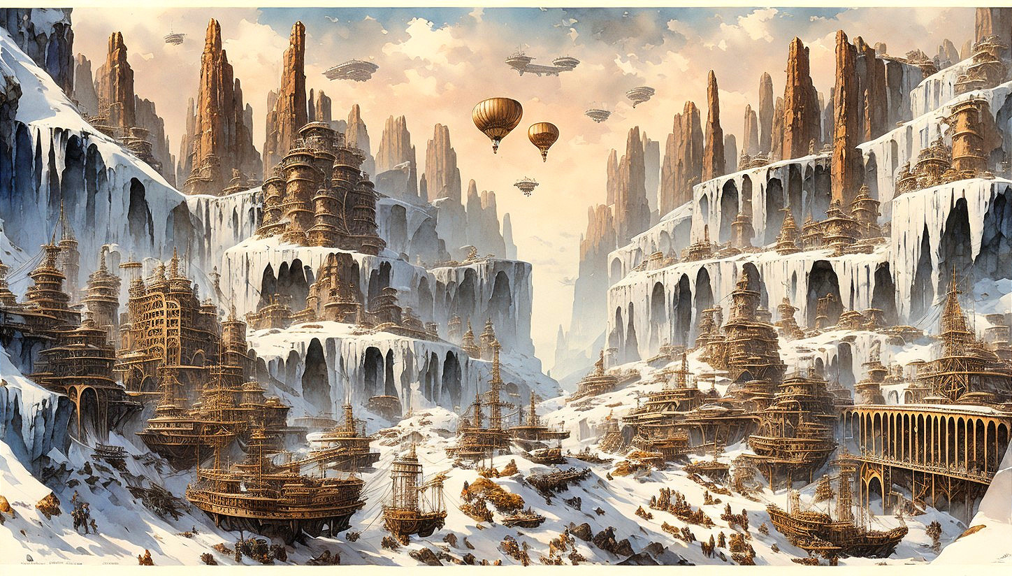 Fantasy landscape: ice-covered spires, bridges, hot air balloons, snowy terrain.