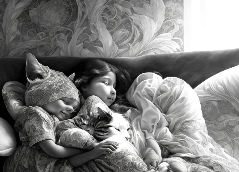 Children Cuddling on Sofa with Cat in Monochrome Scene