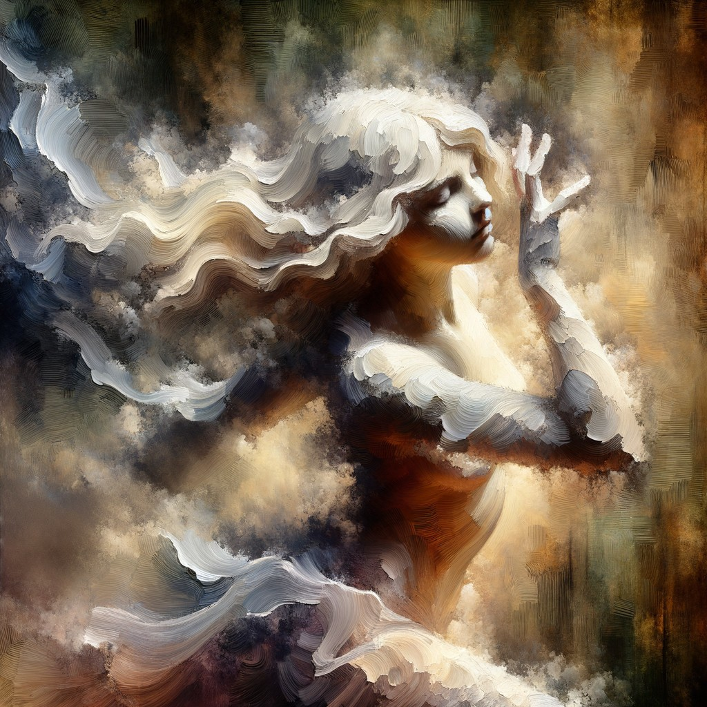 Ethereal Figure in Colorful Cloudy Dreamscape