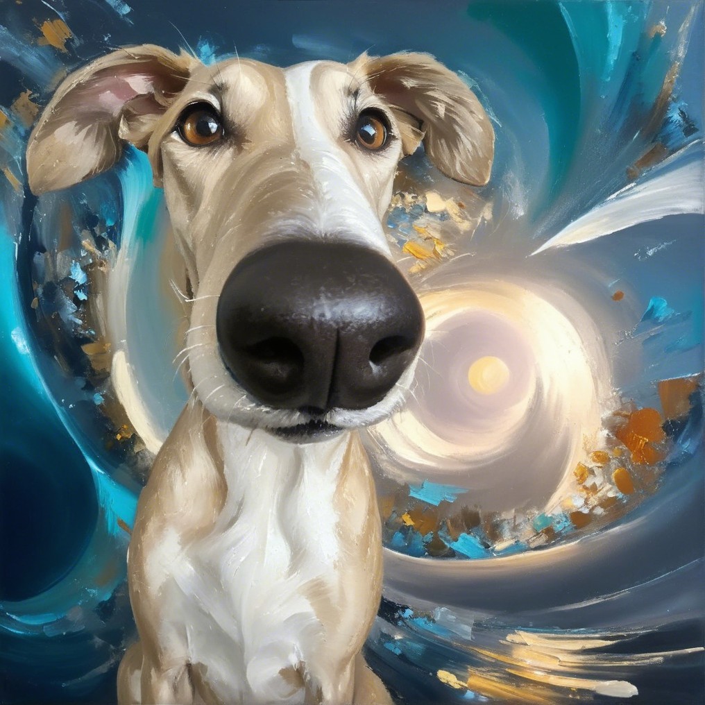 Whimsical Dog Portrait with Colorful Abstract Background
