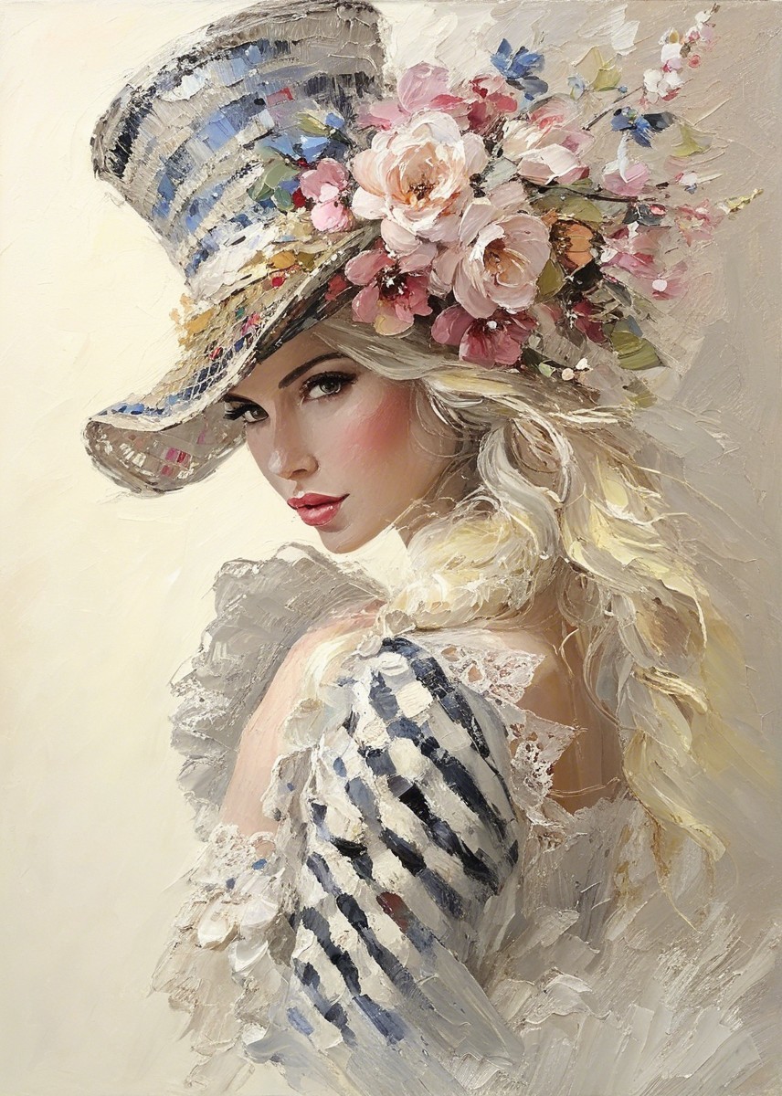 Elegant Woman in Striped Hat and Pastel Dress