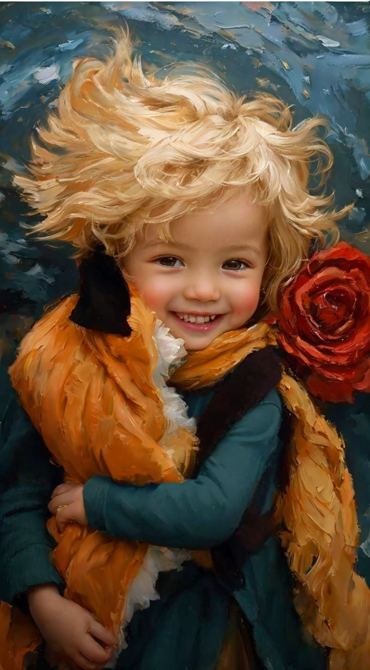 Joyful Child in Orange Scarf Holding Red Rose