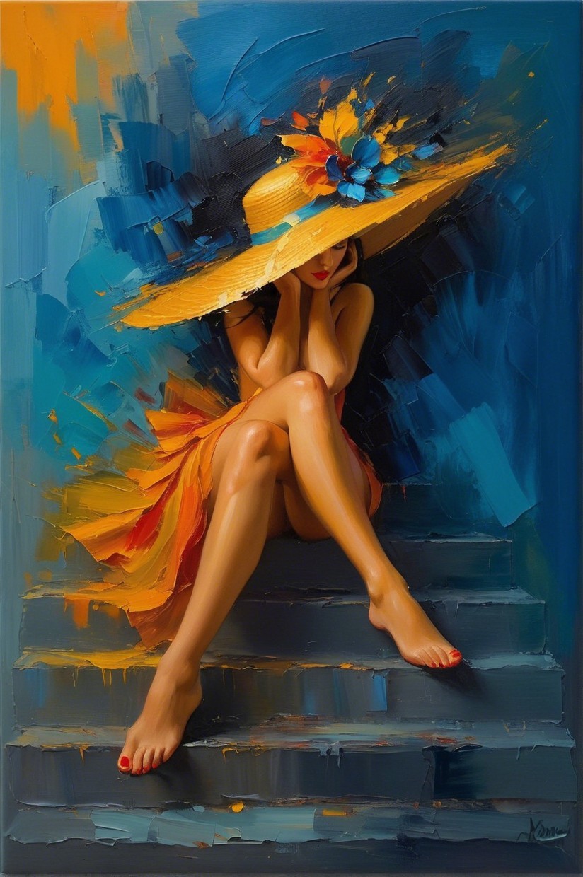 Vibrant Painting of Woman in Orange Dress on Steps
