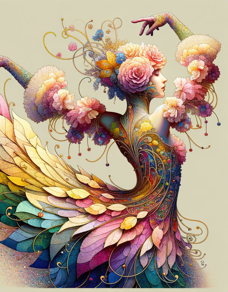 Intricate Figure Adorned with Floral Petals and Colors
