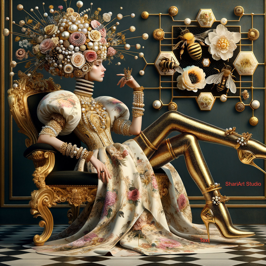 Regal Figure in Floral Gown with Honeycomb Backdrop