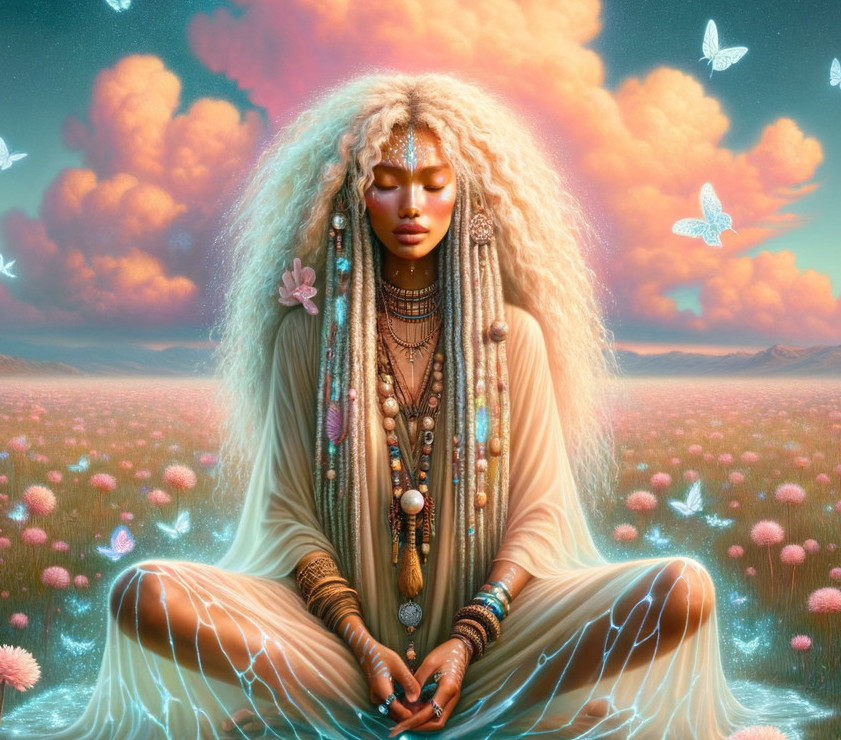 Serene figure in vibrant meadow with flowers and clouds