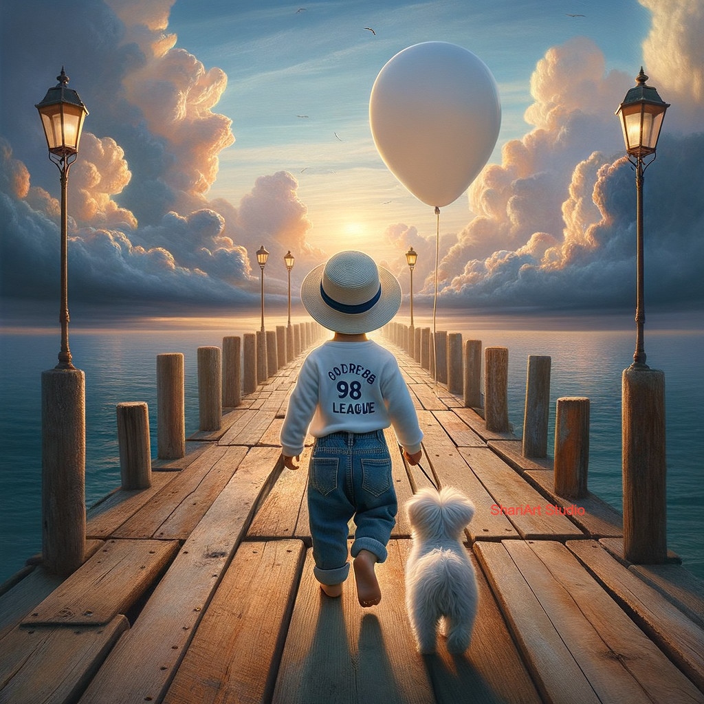 Child with puppy on pier at sunset with balloons