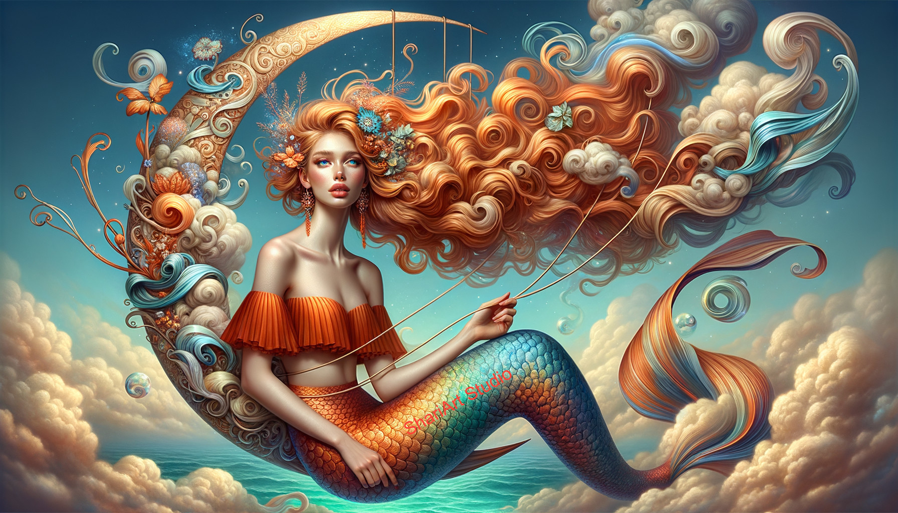 Mermaid on Crescent Moon with Fiery Orange Hair