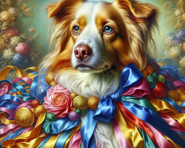 Illustration of a Dog with Floral Garland and Pastels