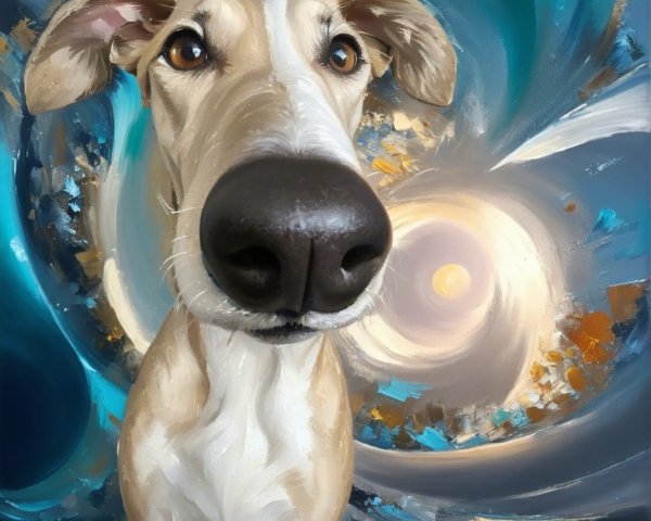 Whimsical Dog Portrait with Colorful Abstract Background