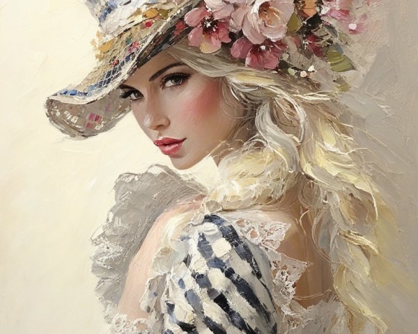 Elegant Woman in Striped Hat and Pastel Dress