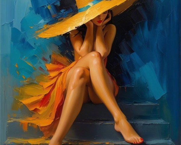 Vibrant Painting of Woman in Orange Dress on Steps
