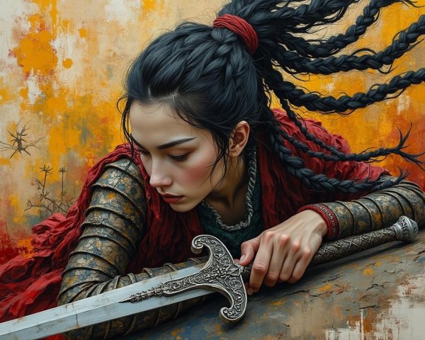 Fierce Warrior Woman with Intricate Braids and Armor