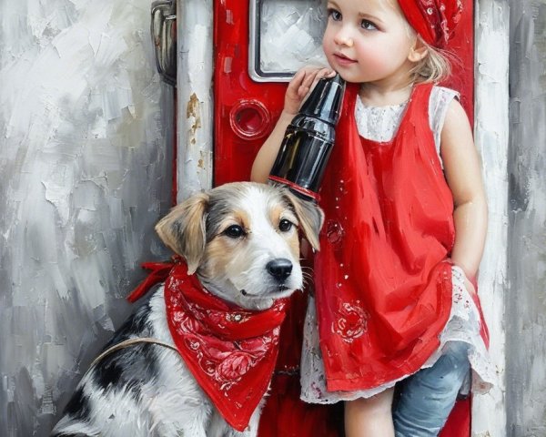 Young girl in red dress with puppy by vintage vending machine