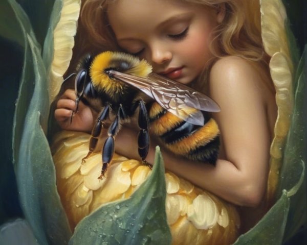 Young girl in tulip with bumblebee in serene scene