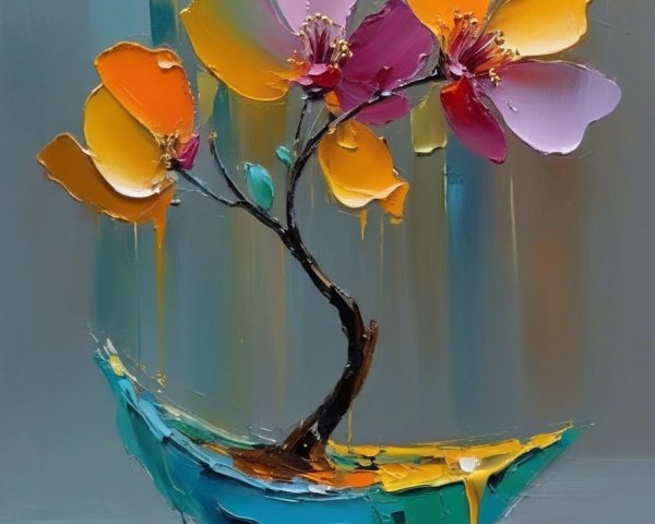 Vibrant Oil Painting of Stylized Flower Arrangement