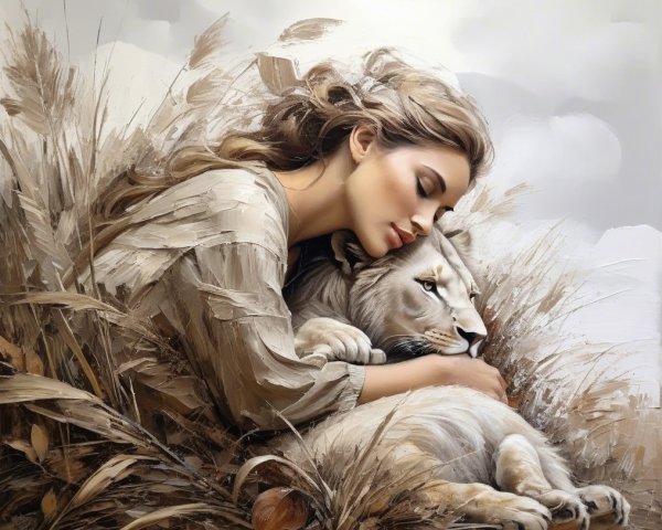 Woman Embracing Lion in Serene Natural Setting