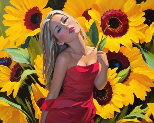 Woman in Red Dress Among Vibrant Sunflowers