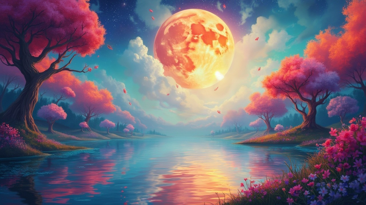 Serene Landscape with Full Moon and Blossoming Trees