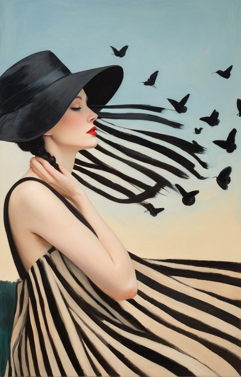 Serene Woman in Black Hat Surrounded by Butterflies