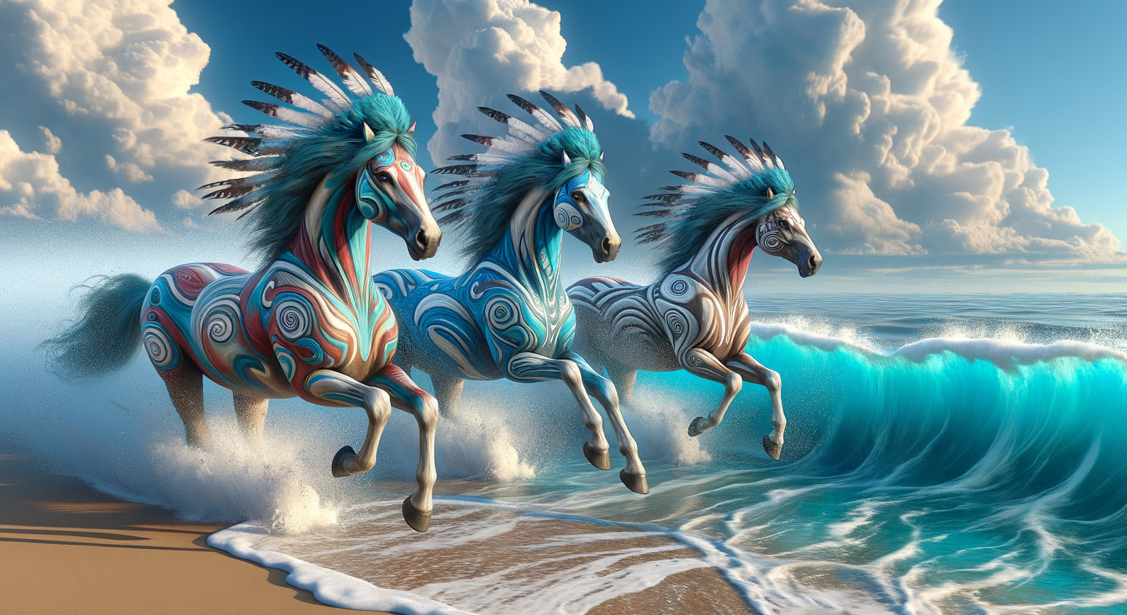 Horses with Vibrant Patterns Galloping by the Ocean
