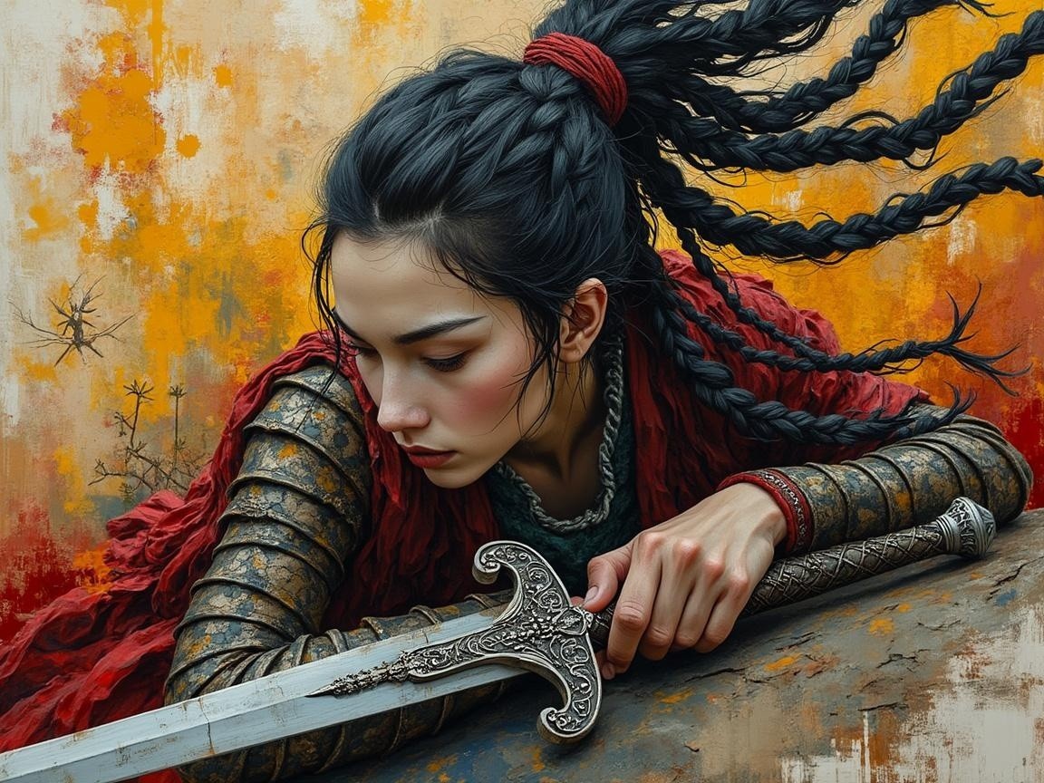 Fierce Warrior Woman with Intricate Braids and Armor