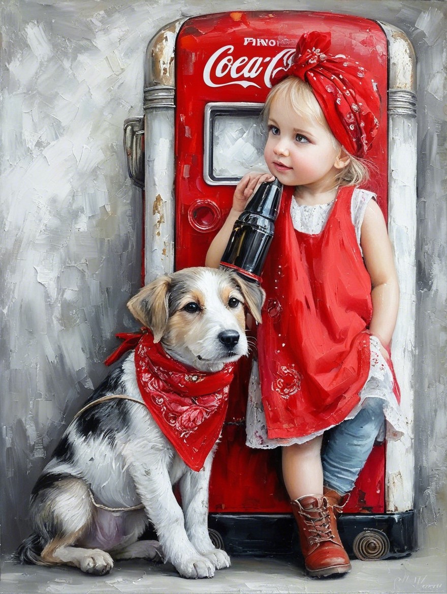 Young girl in red dress with puppy by vintage vending machine