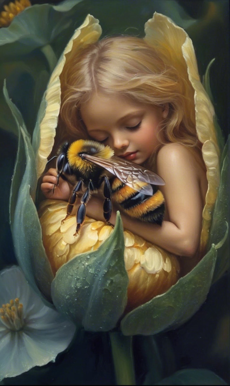 Young girl in tulip with bumblebee in serene scene